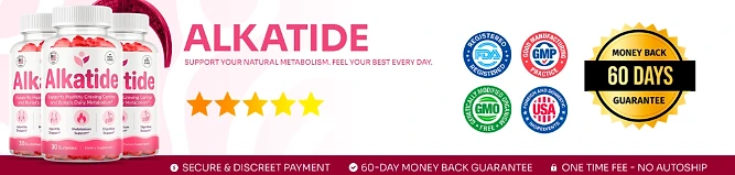 Alkatide: FDA-registered, GMP, GMO-free, USA and 60-day money-back guarantee badges