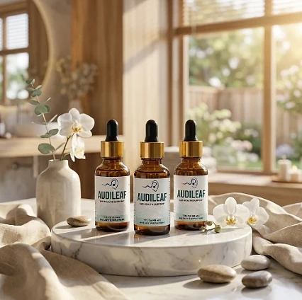 Three AudiLeaf dropper bottles on a round marble tray
