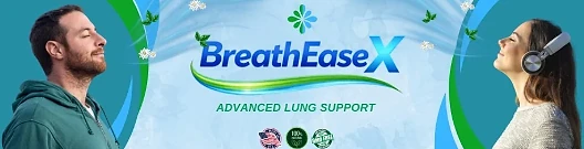 BreathEaseX advanced lung support banner with quality badges