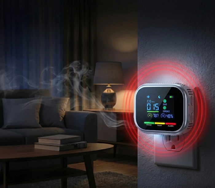 CarbonOne Safe plugged into a wall outlet in a living room at night showing a CO reading