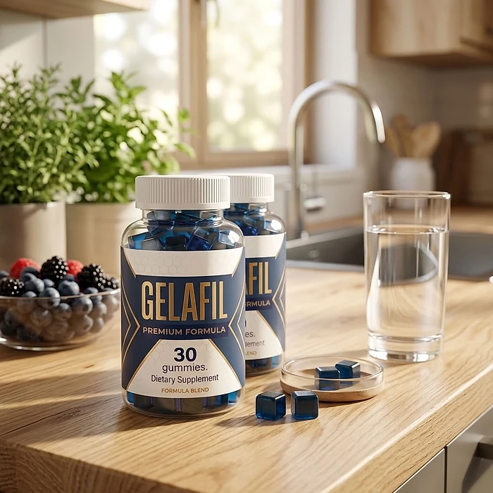 Two GelaFil bottles on a wooden kitchen counter beside a bowl of berries