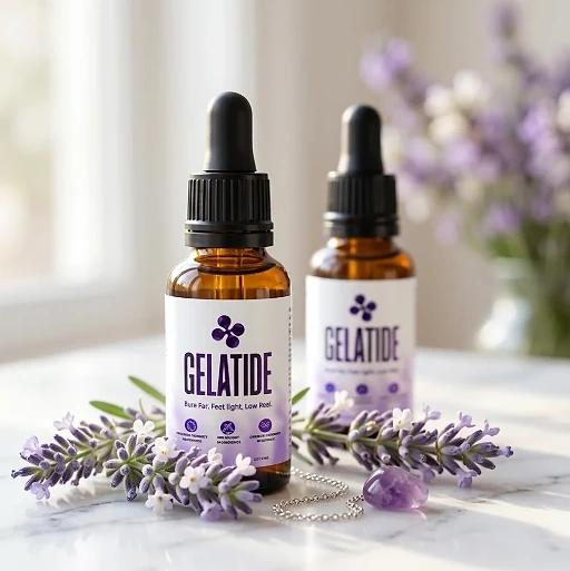 Two Gelatide dropper bottles on a marble surface beside sprigs of lavender