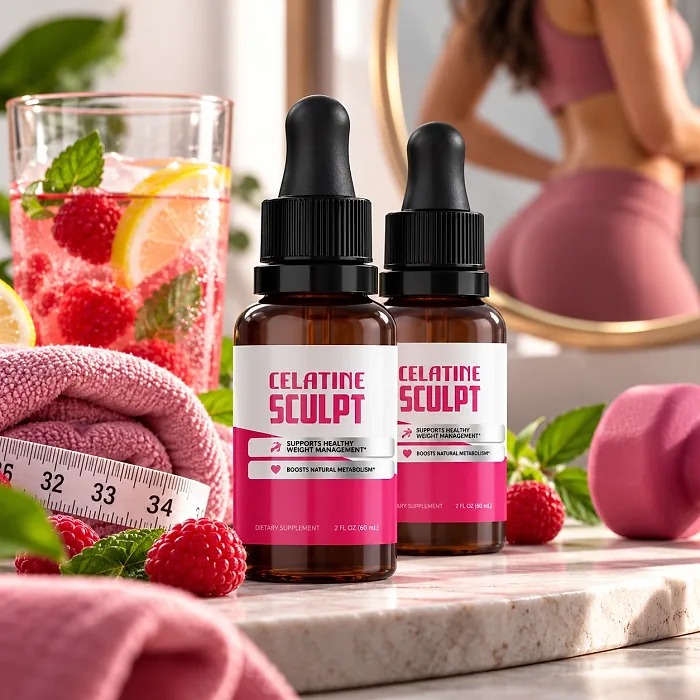 Gelatine Sculpt dropper bottles next to a glass of raspberry lemon water