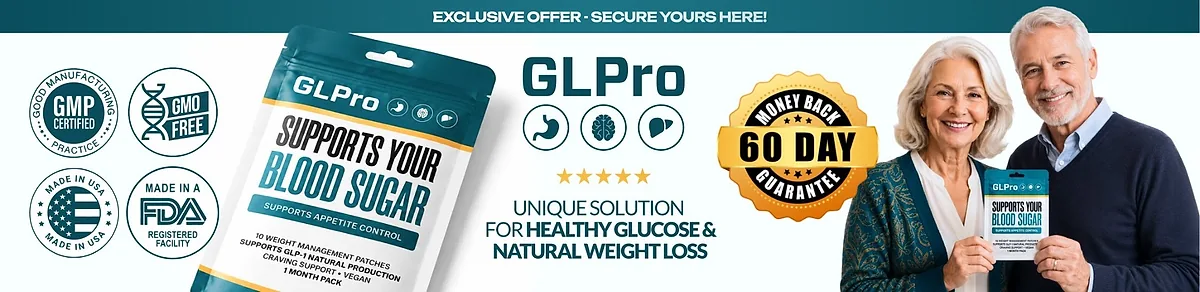 GLPro Patch: GMP certified, GMO-free, made in USA and FDA-registered facility badges with a 60-day money-back guarantee