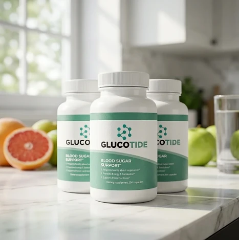 Three GlucoTide bottles on a marble counter beside grapefruit and green apples
