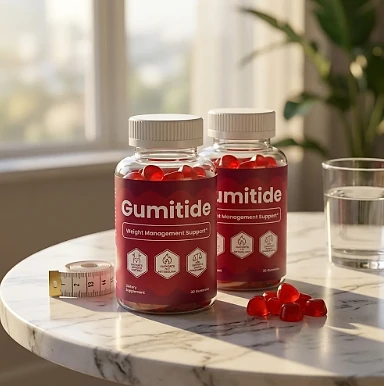 Two Gumitide bottles on a marble table beside a measuring tape, gummies and a glass of water