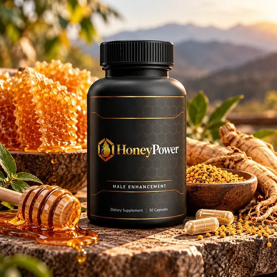 HoneyPower bottle with honeycomb, ginseng roots, bee pollen and capsules outdoors