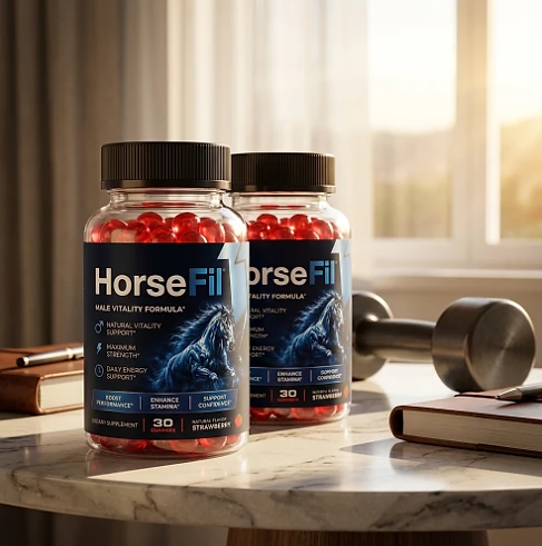 Two HorseFil bottles on a marble table beside a dumbbell