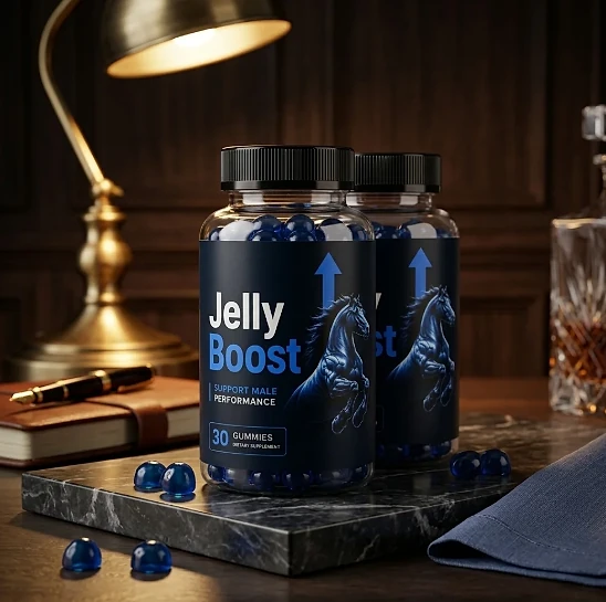 Two JellyBoost bottles on a marble slab on a desk under a brass lamp