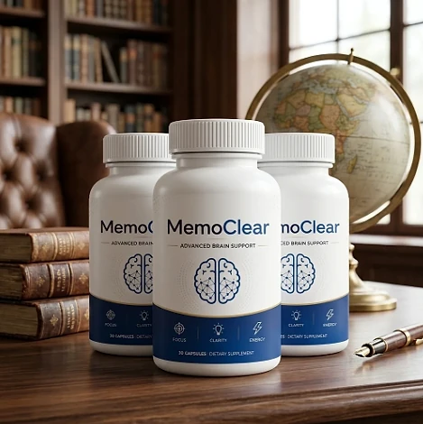 Three MemoClear bottles on a wooden desk beside old books and a globe