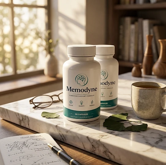 Two Memodyne bottles on a marble desk by a window