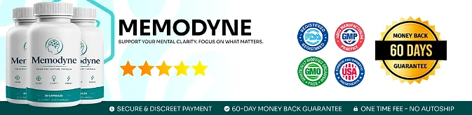 Memodyne: FDA-registered, GMP, GMO-free and USA badges with a 60-day money-back guarantee
