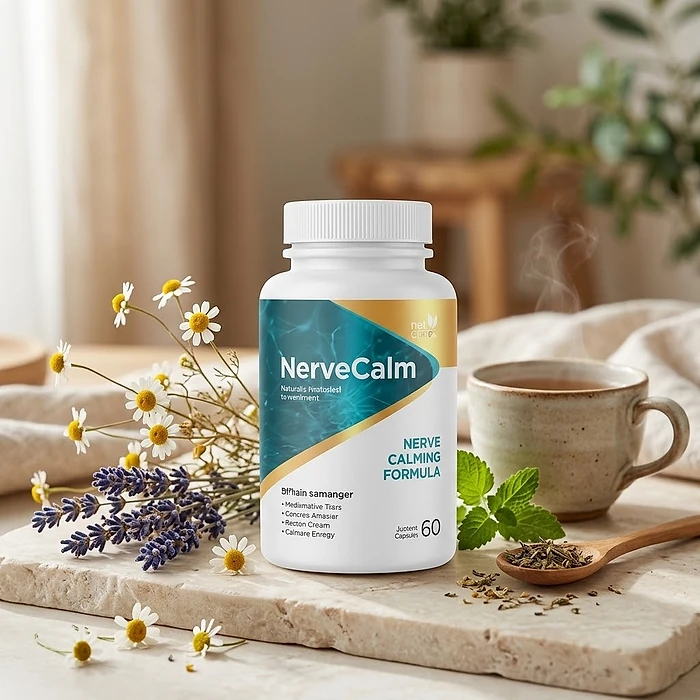 A NerveCalm bottle on a stone slab beside chamomile and lavender, a cup of tea and a spoon of dried herbs