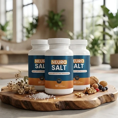 Three NeuroSalt bottles on a wooden board beside salt and nuts