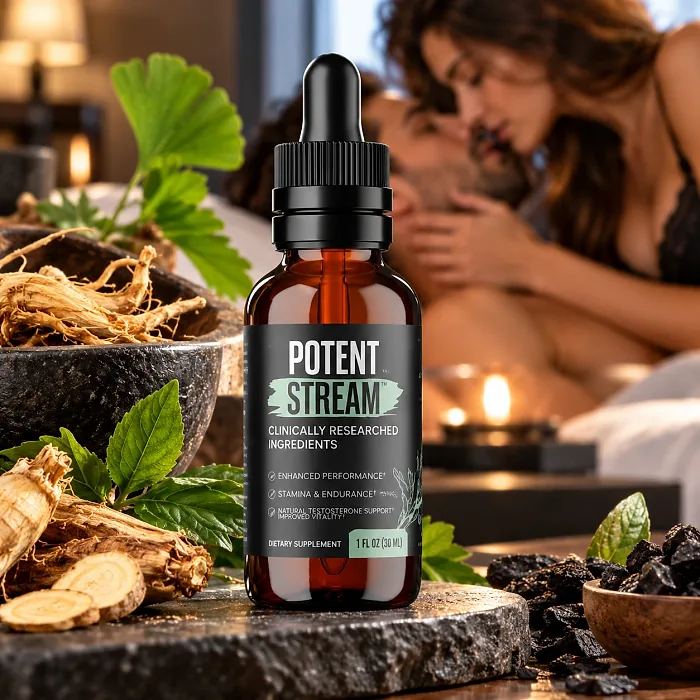 PotentStream dropper bottle on a dark stone beside ginseng, herbs and shilajit resin