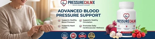 PressureCalmX banner: supports healthy blood pressure, circulation and heart health, with quality badges