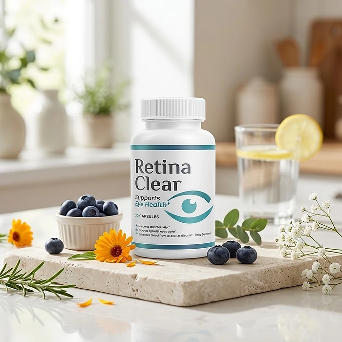 A Retina Clear bottle on a travertine stone beside blueberries, marigold flowers and a glass of lemon water