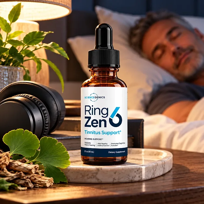 A RingZen6 dropper bottle on a nightstand beside ginkgo leaves and headphones, with a man sleeping in the background