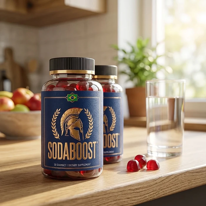 Two SodaBoost bottles on a kitchen counter beside a glass of water