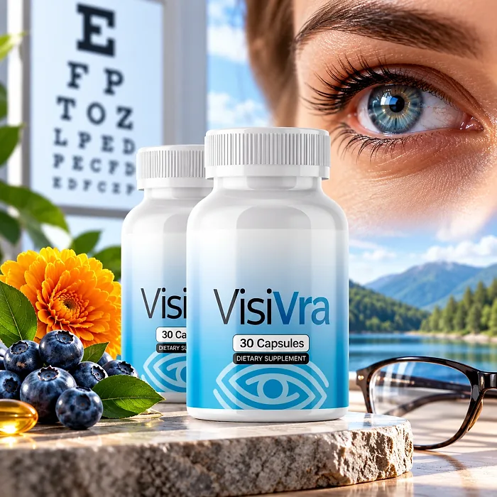 Two VisiVra bottles on a stone beside blueberries, a marigold flower and glasses, with an eye chart and a mountain lake behind