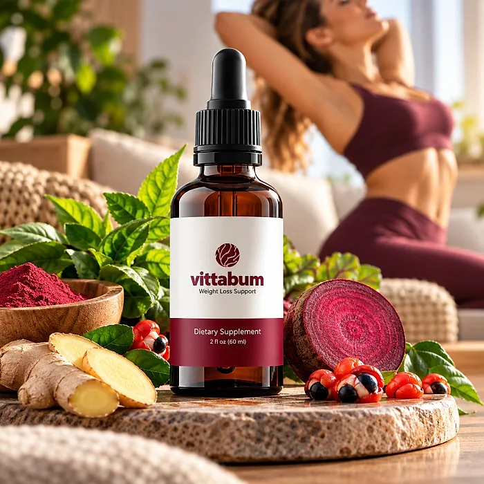 Vittaburn dropper bottle beside beetroot, ginger, guarana fruit and red powder